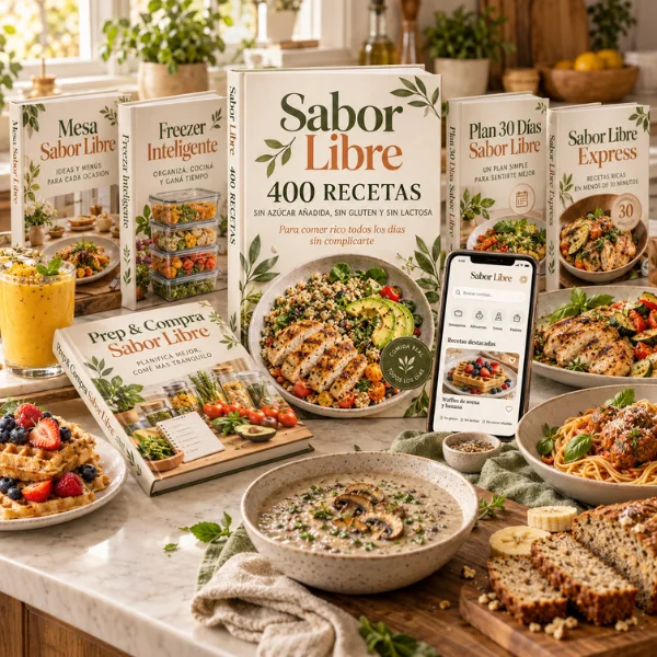 Sabor Libre: el recetario de 400 recetas junto a los 5 bonos Sabor Libre Express, Plan 30 Días, Prep & Compra, Freezer Inteligente y Mesa Sabor Libre, y la aplicación móvil.