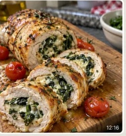 Pollo enrollado relleno de espinaca con tomates cherry.